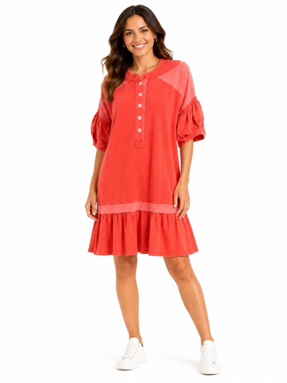Umgee Size Large Coral Pink Button-Front Ruffle Hem Dress
